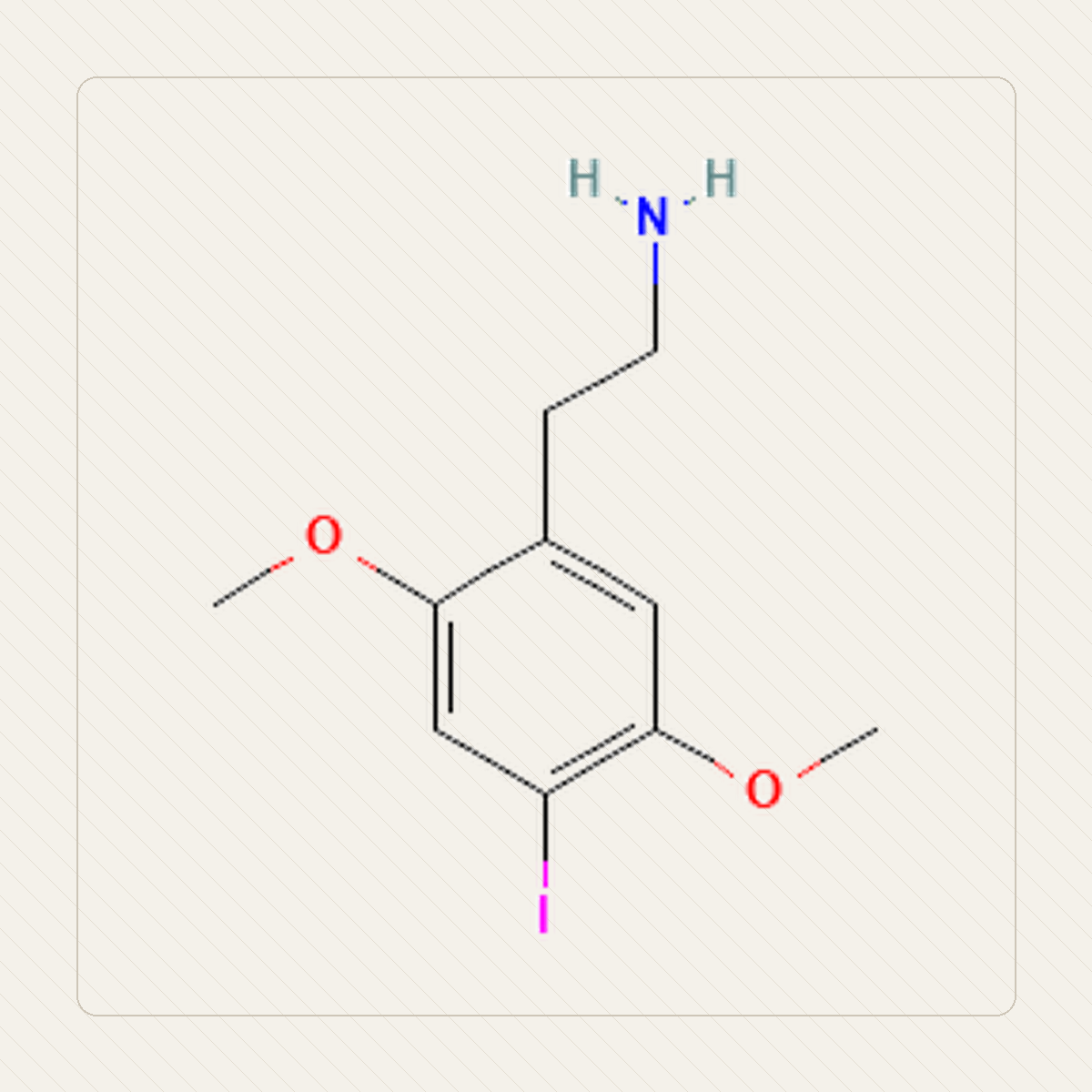 2C-I 2,5-dimetoksy-4-jodofenetyloamina, Lehrillustration der Molekülstruktur