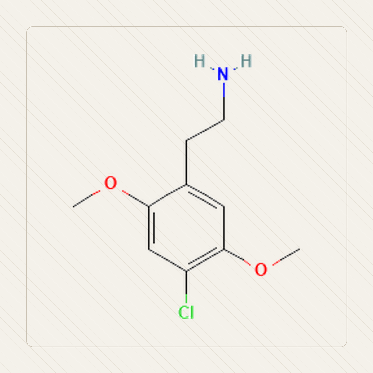 2C-C 2,5-dimetoksy-4-chlorofenetyloamina, Lehrillustration der Molekülstruktur