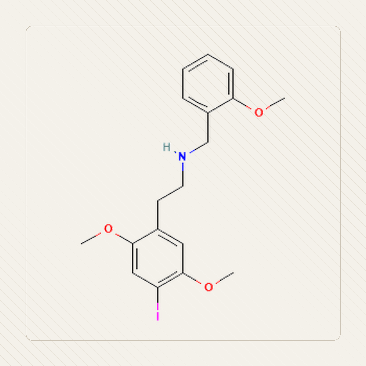 25I-NBOMe 2C-I-NBOMe, Lehrillustration der Molekülstruktur